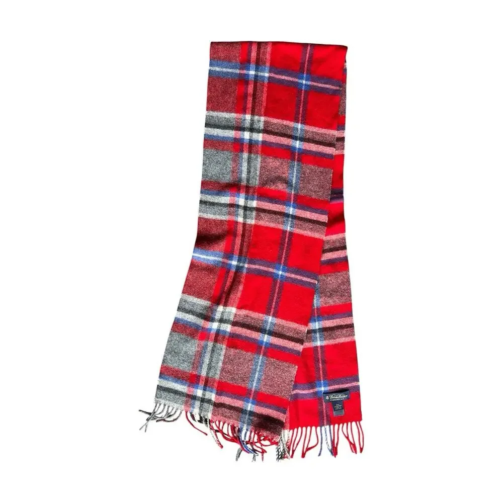 Vintage Brooks Brothers Wool Scotland Scarf Blue Red Mackay Plaid Check Fringed